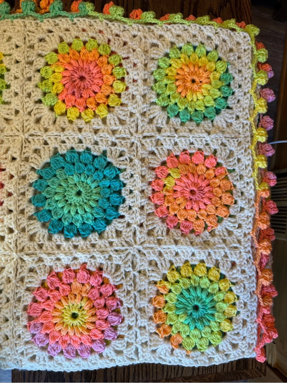 Handmade Crochet sunburst Granny Square Throw - Bright Rainbow Floral!